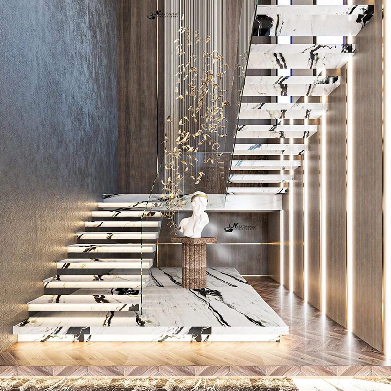 Les marches d'escalier en marbre noir et blanc modernes personnalisent la vente en gros