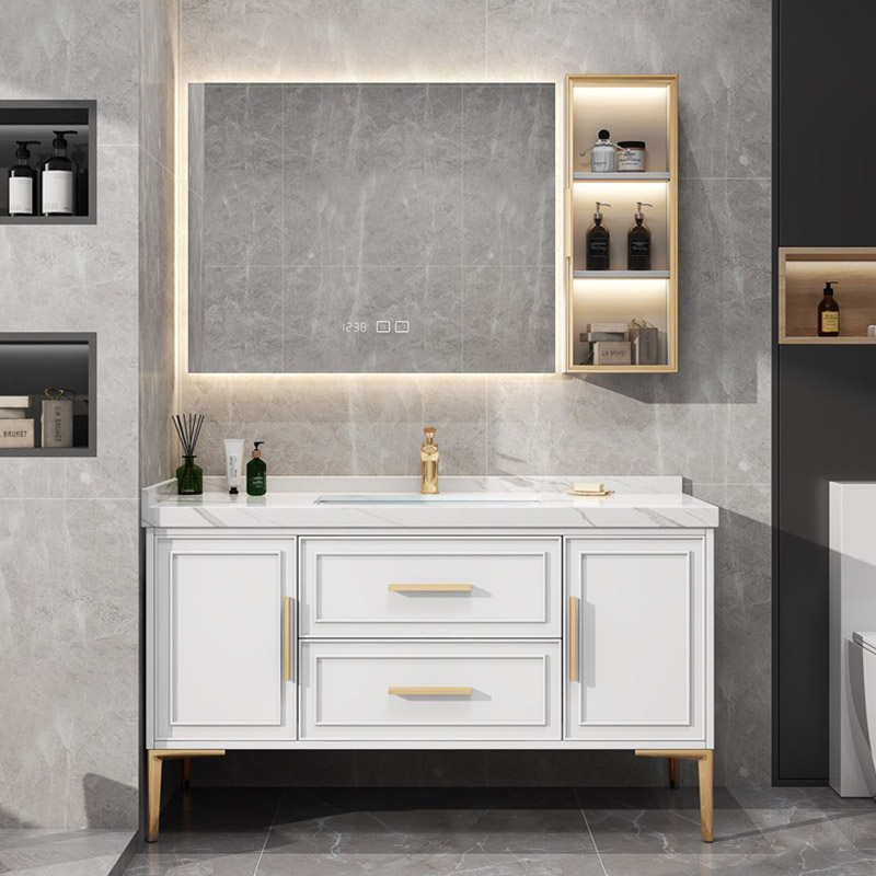 La vanité de salle de bains complète les comptoirs en marbre avec la dalle de carrelage d'évier