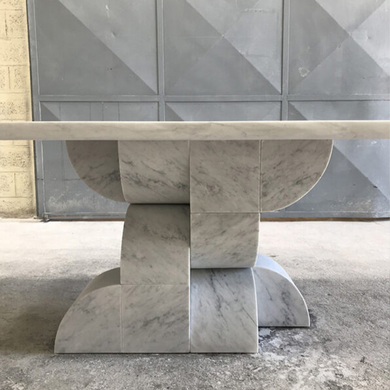 Table à manger carrée moderne en marbre blanc avec base noire