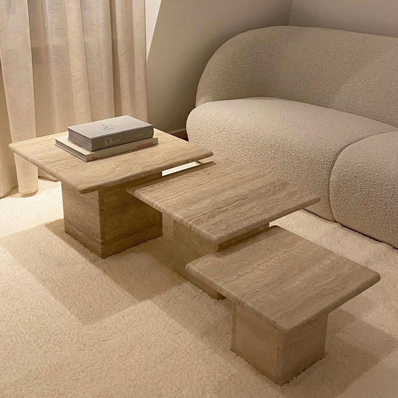 Personnaliser la table à manger de dessus de table basse en marbre de travertin beige